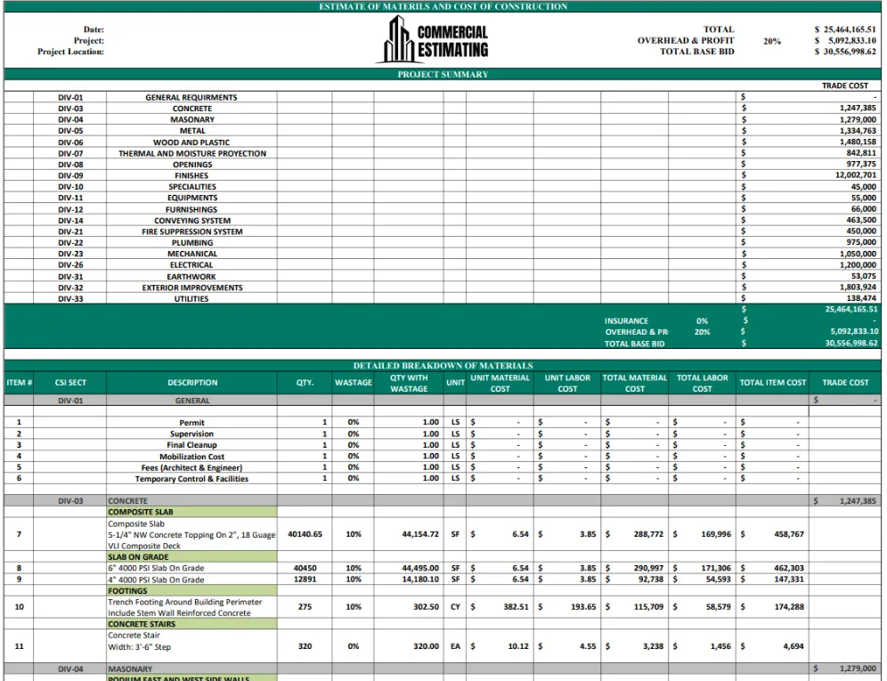 commercial estimating sample image